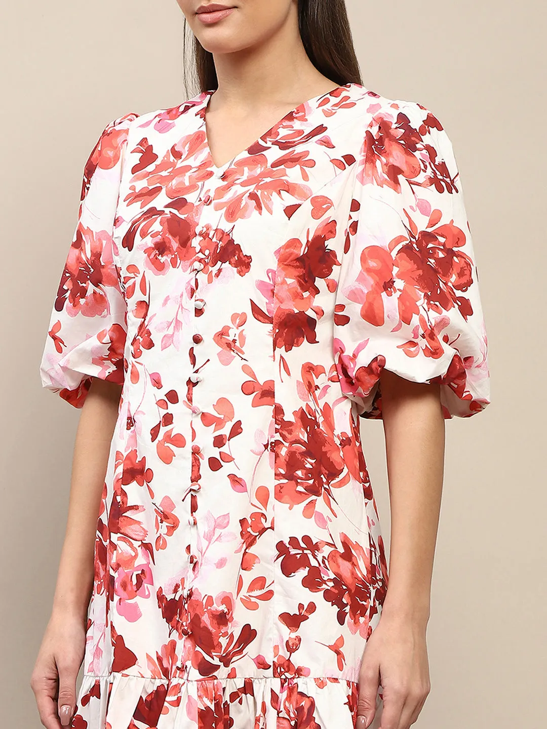 Madame Cotton Floral Print Tiered Red Mini Dress