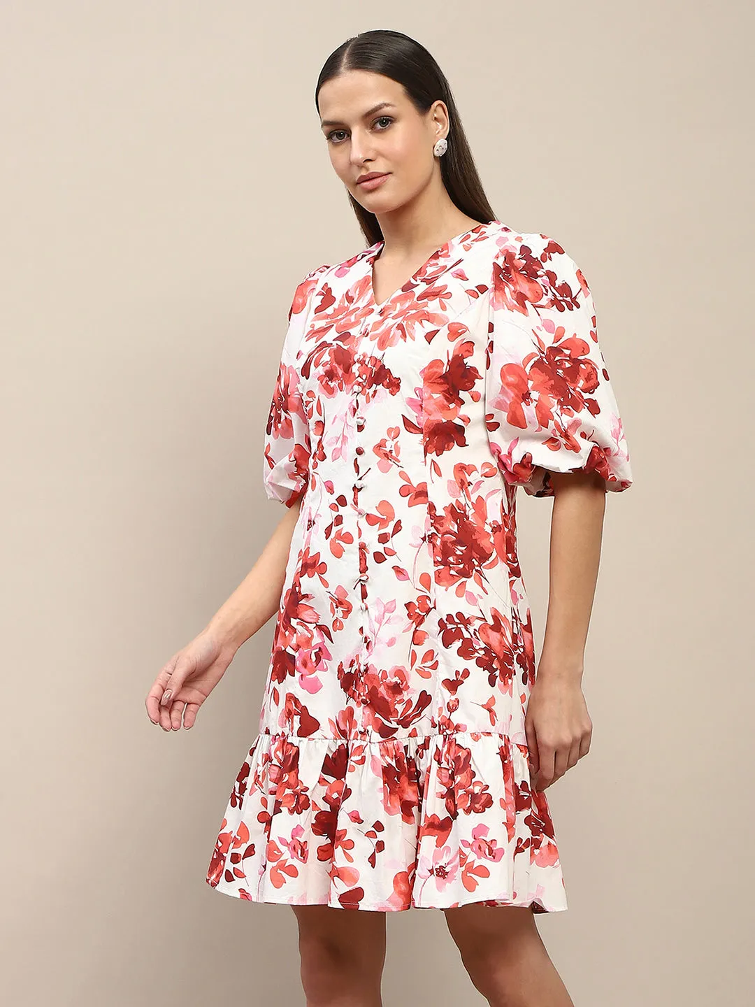 Madame Cotton Floral Print Tiered Red Mini Dress