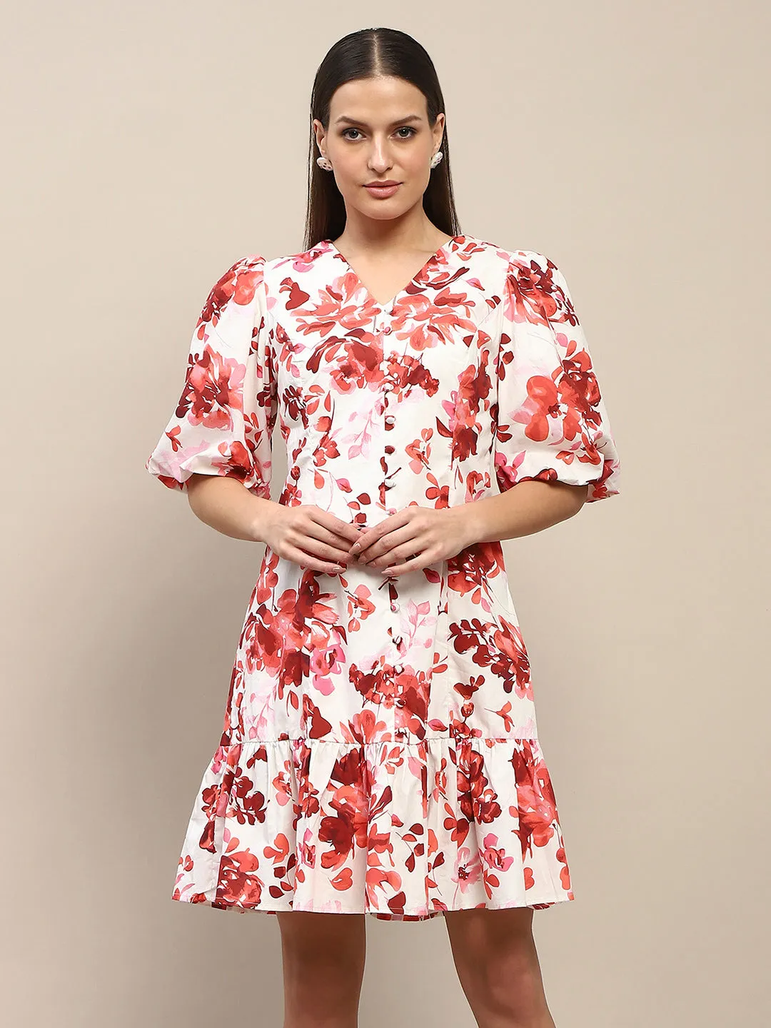 Madame Cotton Floral Print Tiered Red Mini Dress
