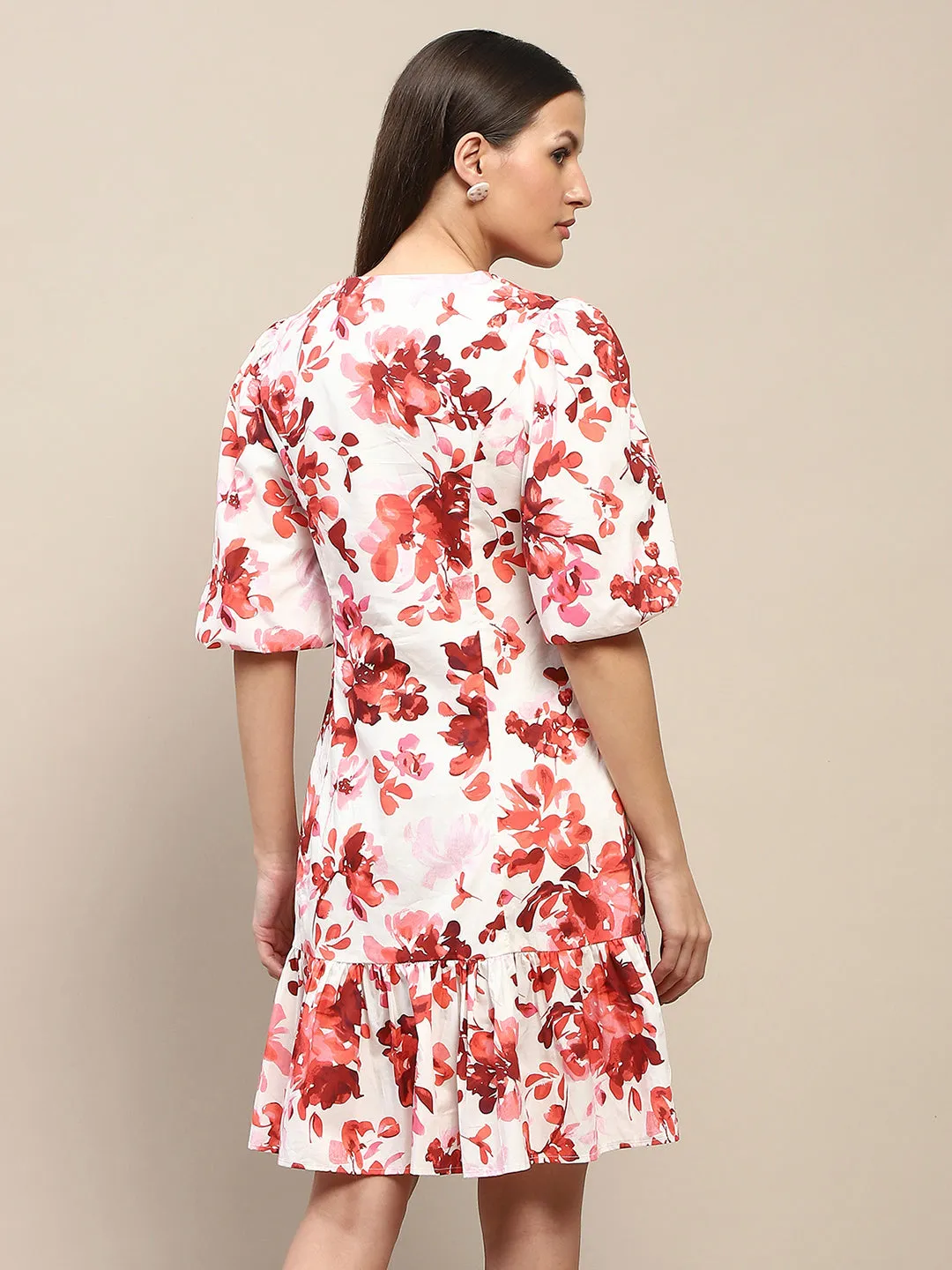 Madame Cotton Floral Print Tiered Red Mini Dress