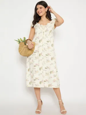 Madame Floral Print Off Shoulder Midi Off White Dress
