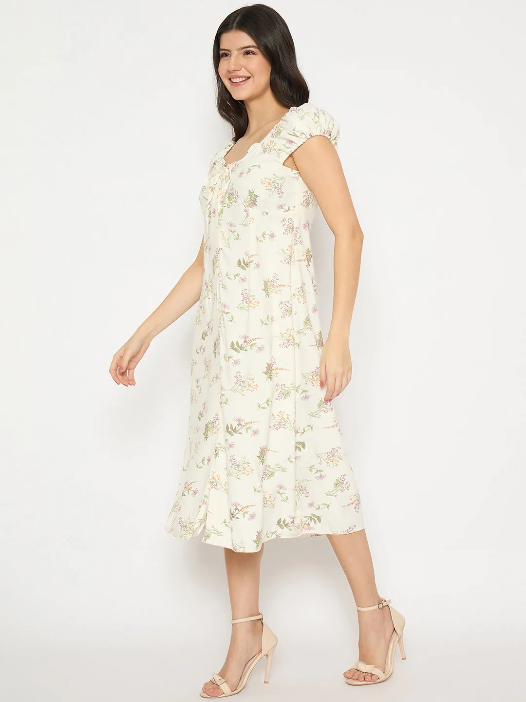 Madame Floral Print Off Shoulder Midi Off White Dress
