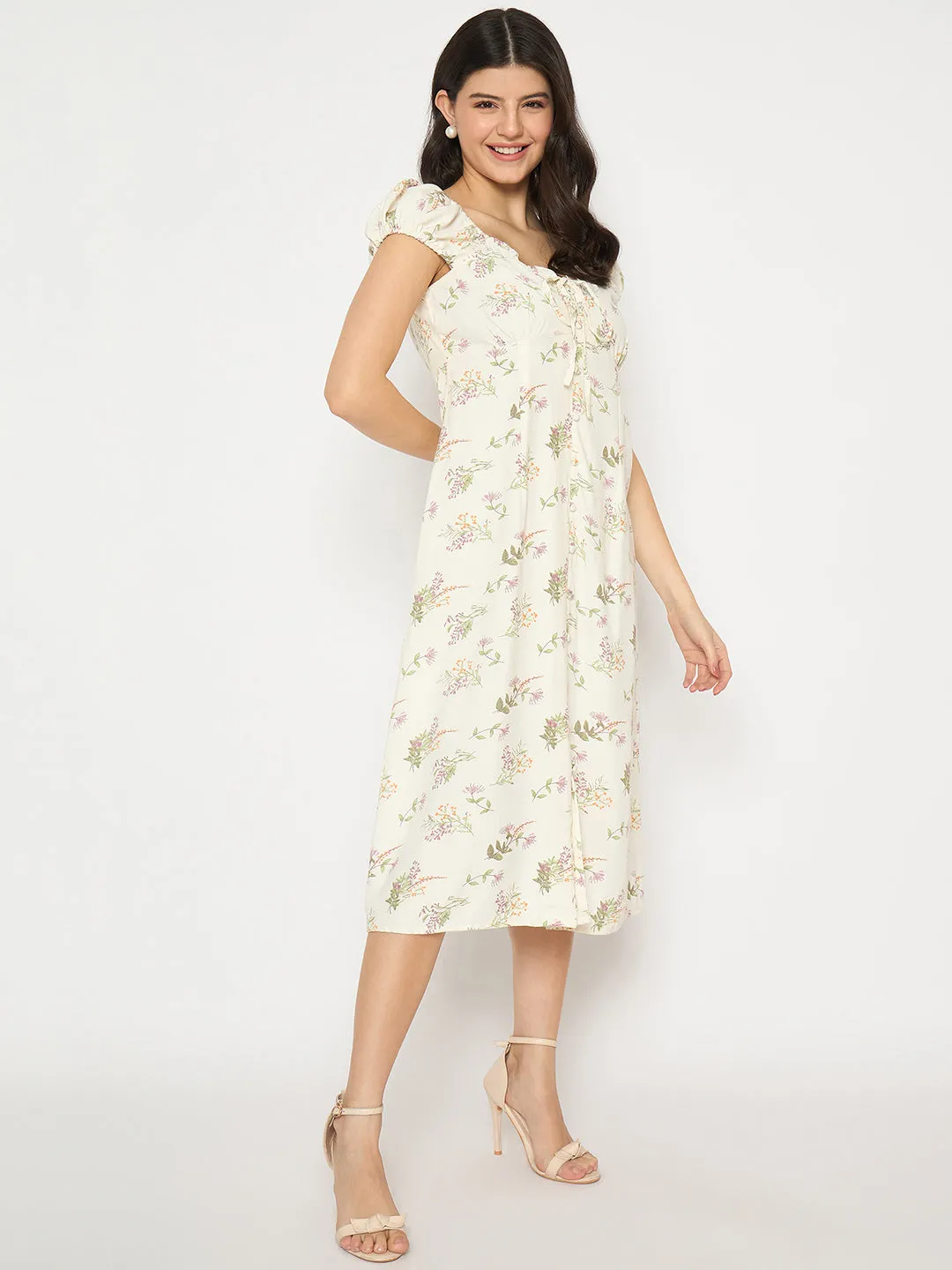 Madame Floral Print Off Shoulder Midi Off White Dress