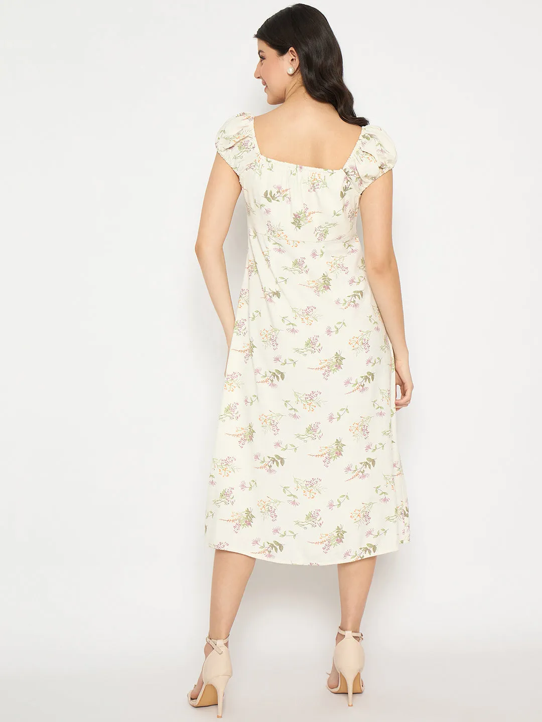 Madame Floral Print Off Shoulder Midi Off White Dress