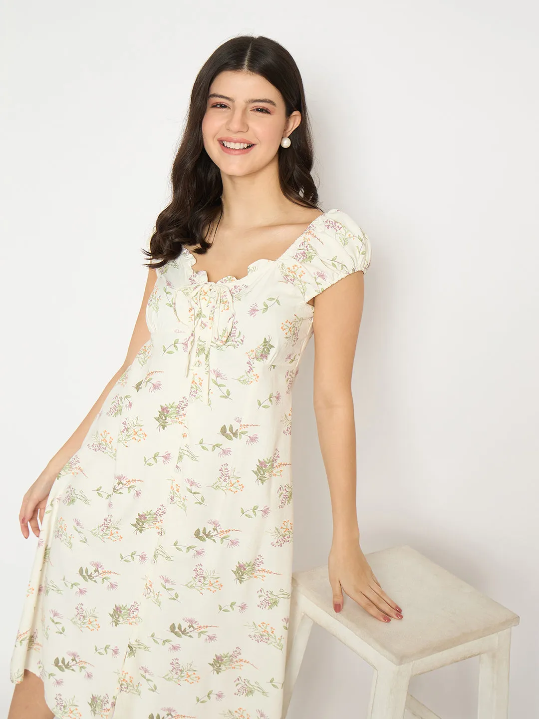 Madame Floral Print Off Shoulder Midi Off White Dress