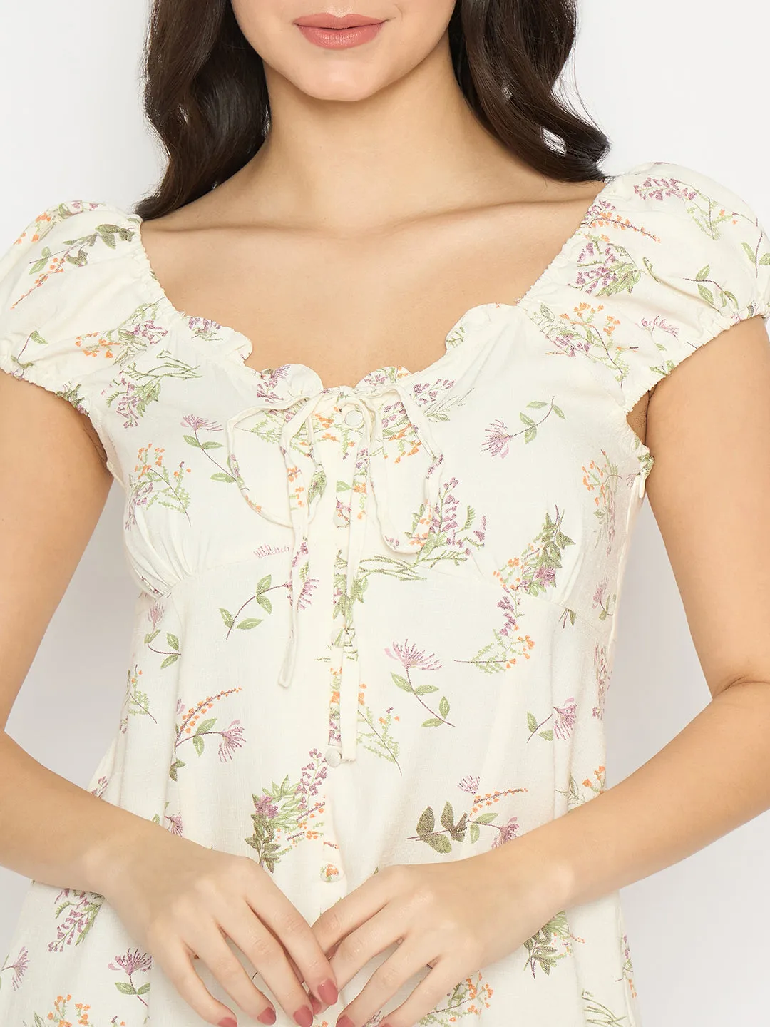Madame Floral Print Off Shoulder Midi Off White Dress
