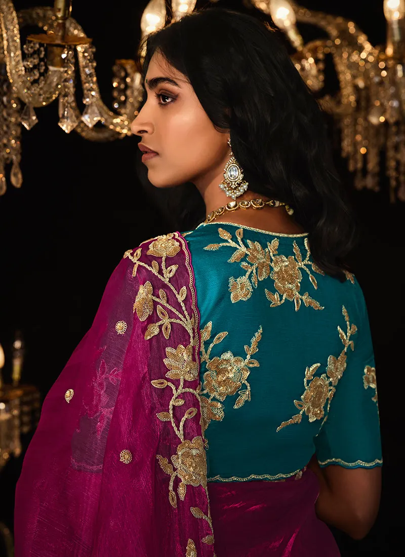 Magenta And Turquoise Reshamkari Embroidery Fancy Silk Saree