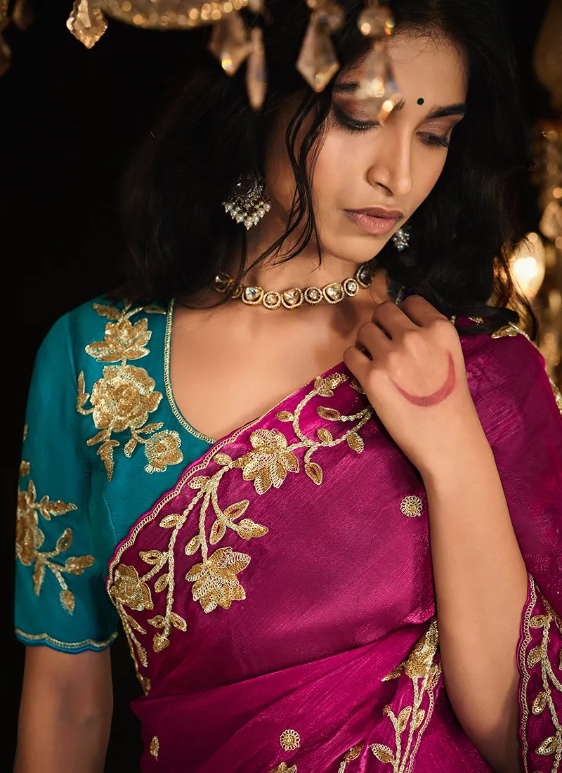 Magenta And Turquoise Reshamkari Embroidery Fancy Silk Saree