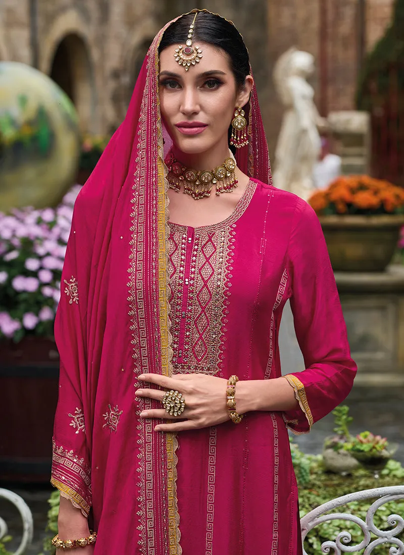 Magenta Traditional Embroidery Wedding Palazzo Suit