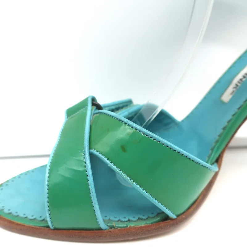 Manolo Blahnik Ankle Strap Sandals Green Patent Leather Size 40 Open Toe Heels