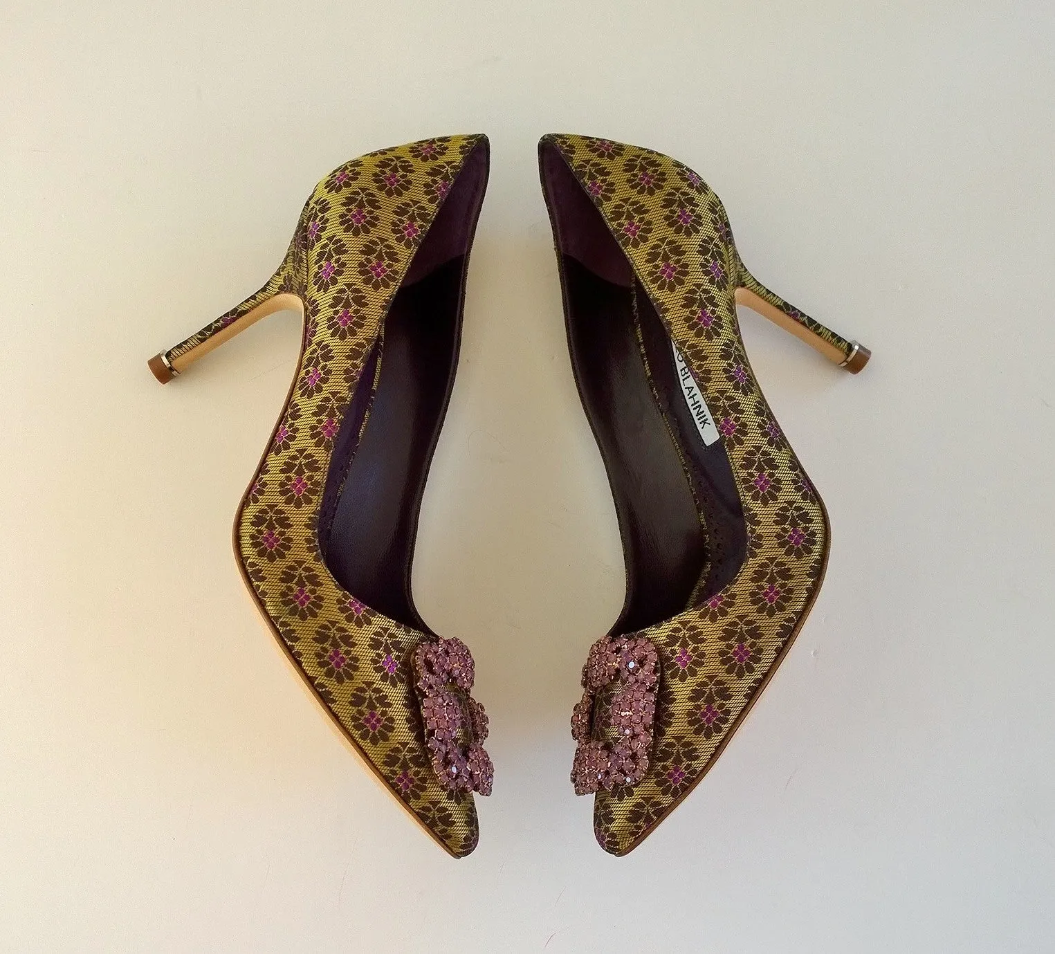 Manolo Blahnik Hangisi Brocade Heels Amethyst Rhinestone Buckle Shoes