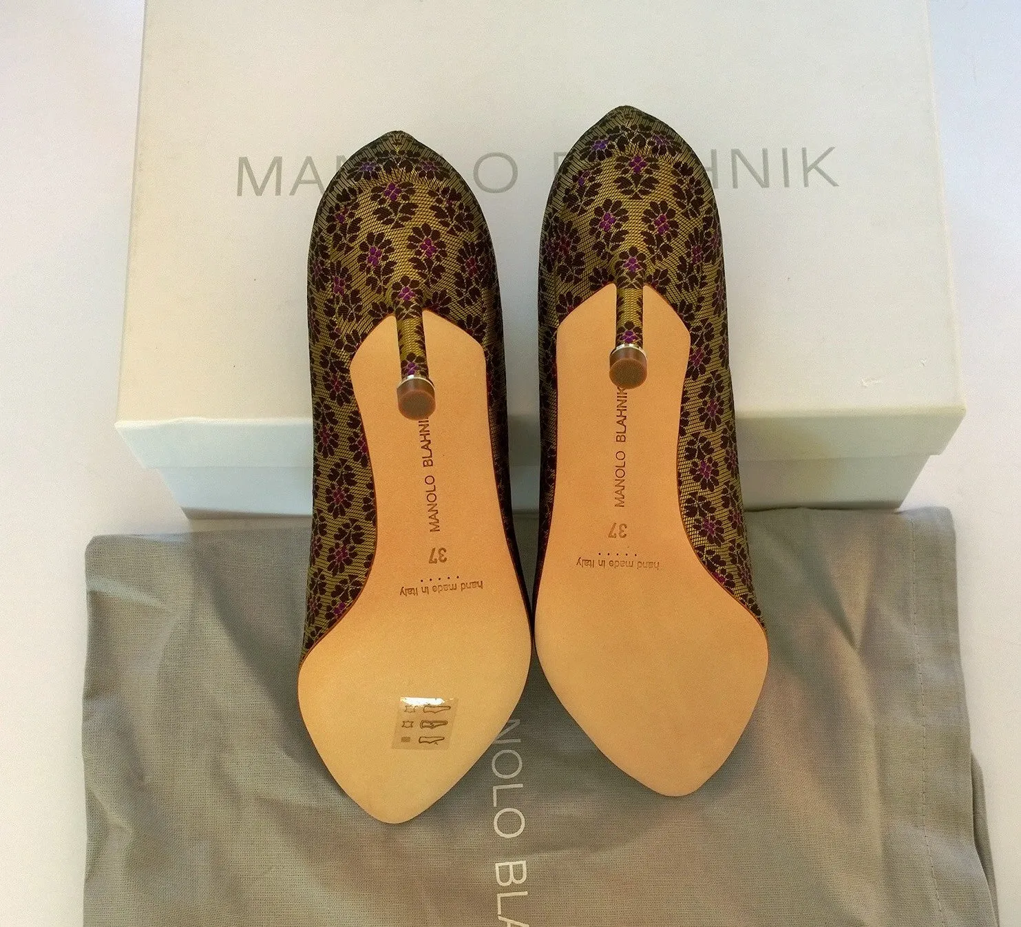 Manolo Blahnik Hangisi Brocade Heels Amethyst Rhinestone Buckle Shoes