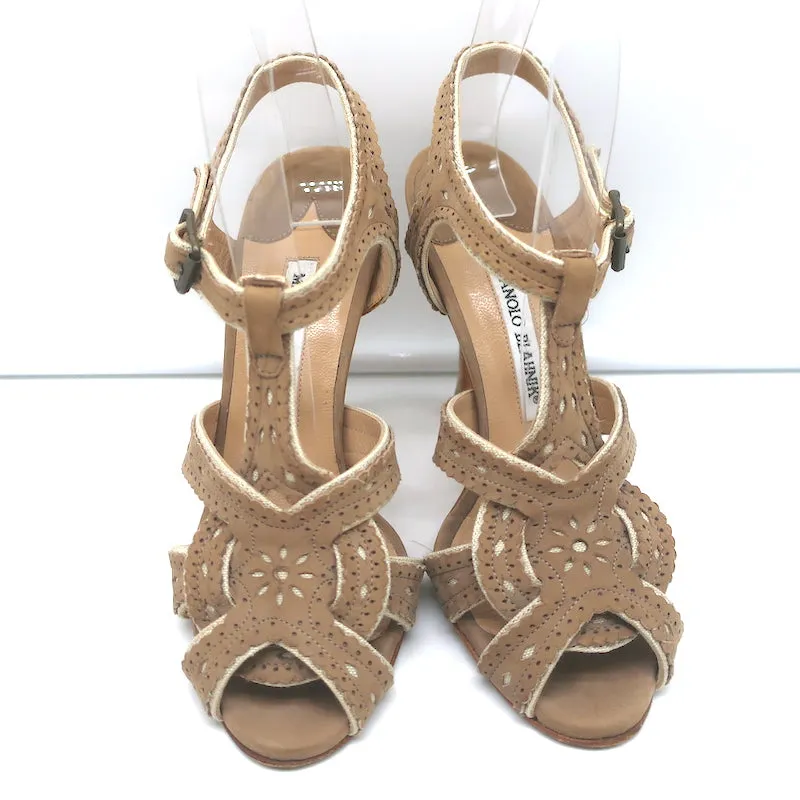 Manolo Blahnik Laser-Cut T-Strap Sandals Tan Nubuck Size 36 Open Toe Heels