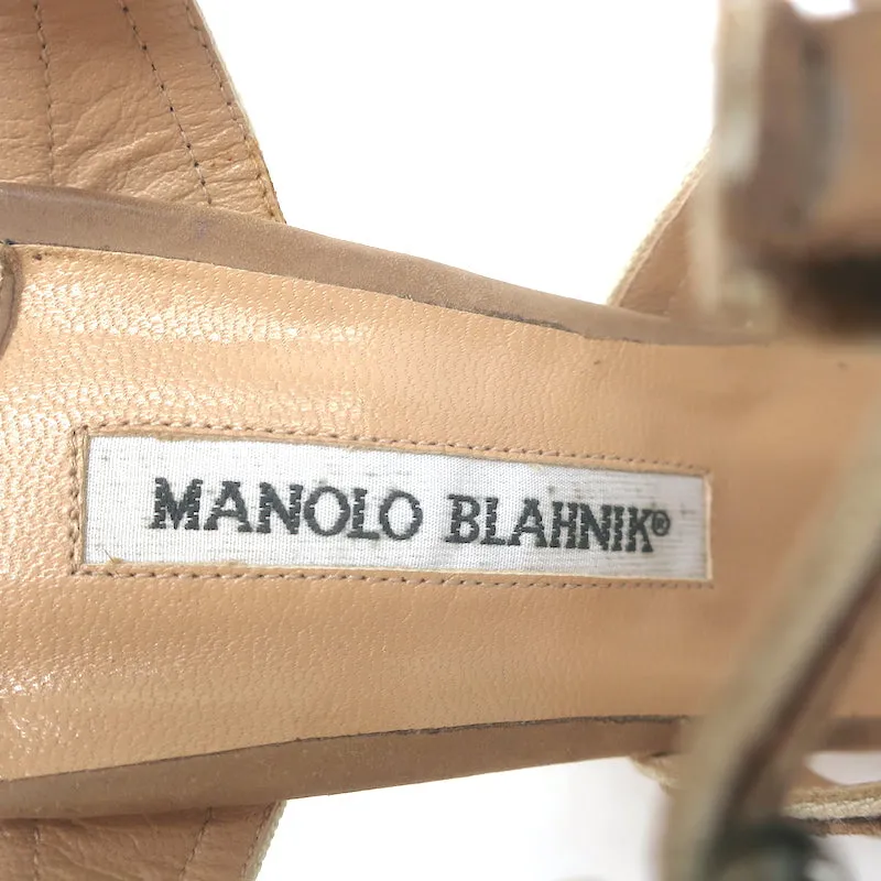 Manolo Blahnik Laser-Cut T-Strap Sandals Tan Nubuck Size 36 Open Toe Heels