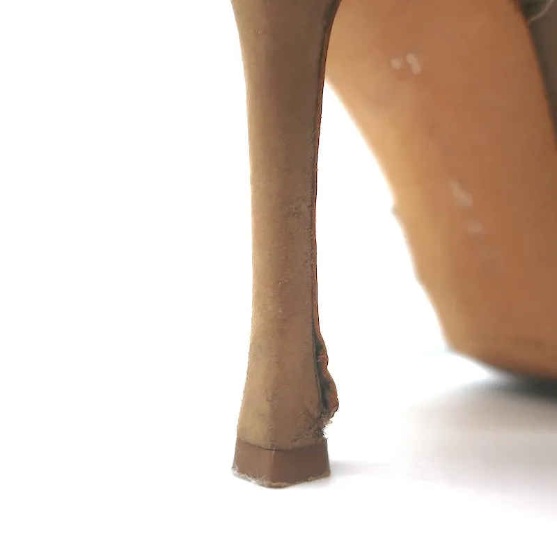 Manolo Blahnik Laser-Cut T-Strap Sandals Tan Nubuck Size 36 Open Toe Heels
