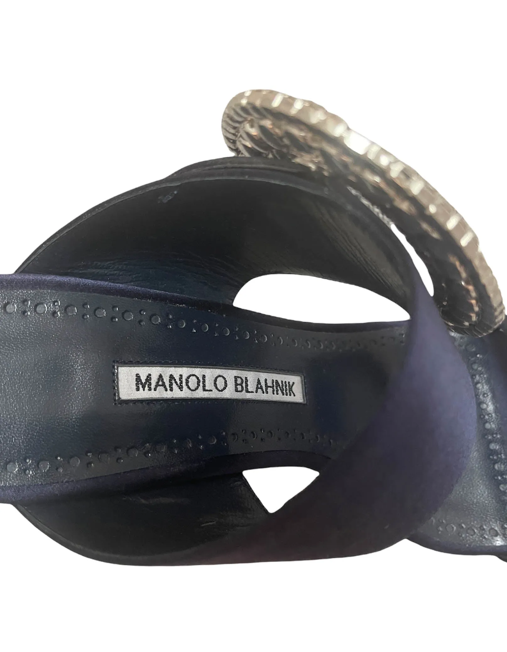 Manolo Blahnik Navy Satin Fibionabi Crystal Sandals sz 39.5