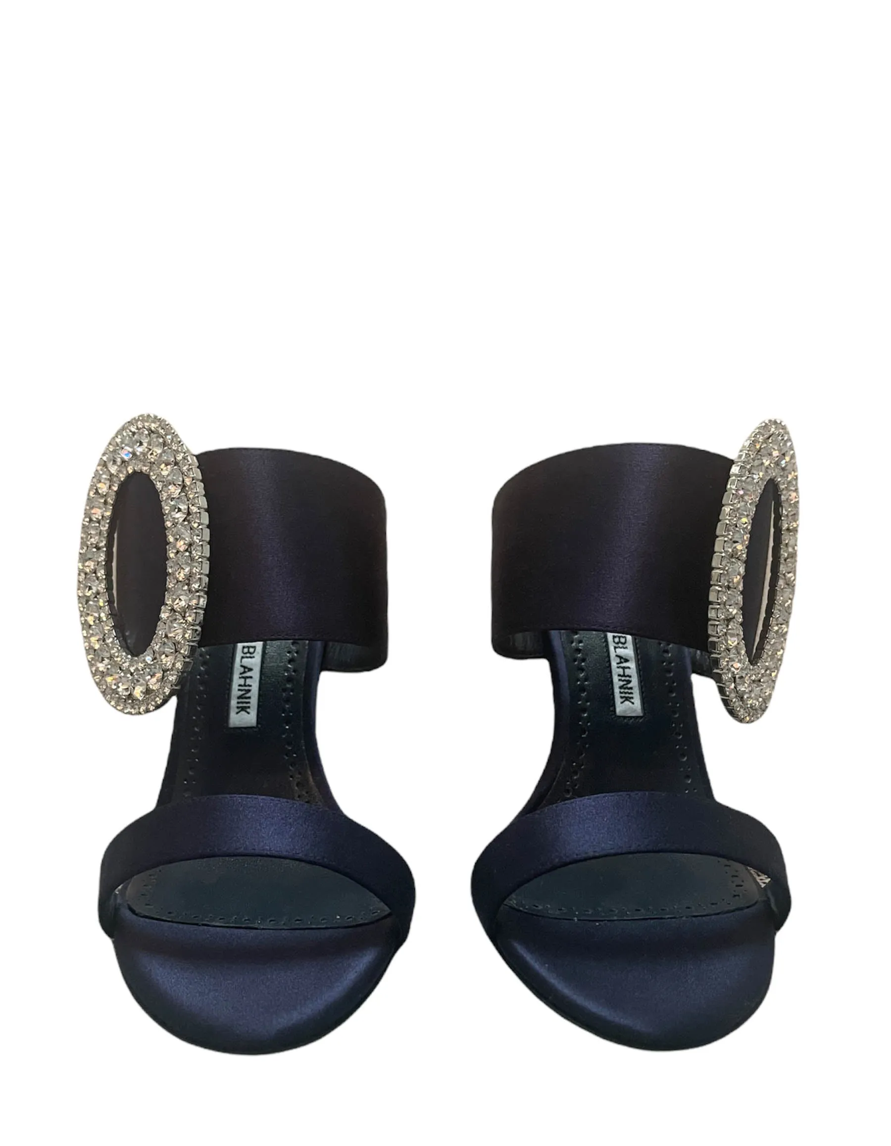 Manolo Blahnik Navy Satin Fibionabi Crystal Sandals sz 39.5