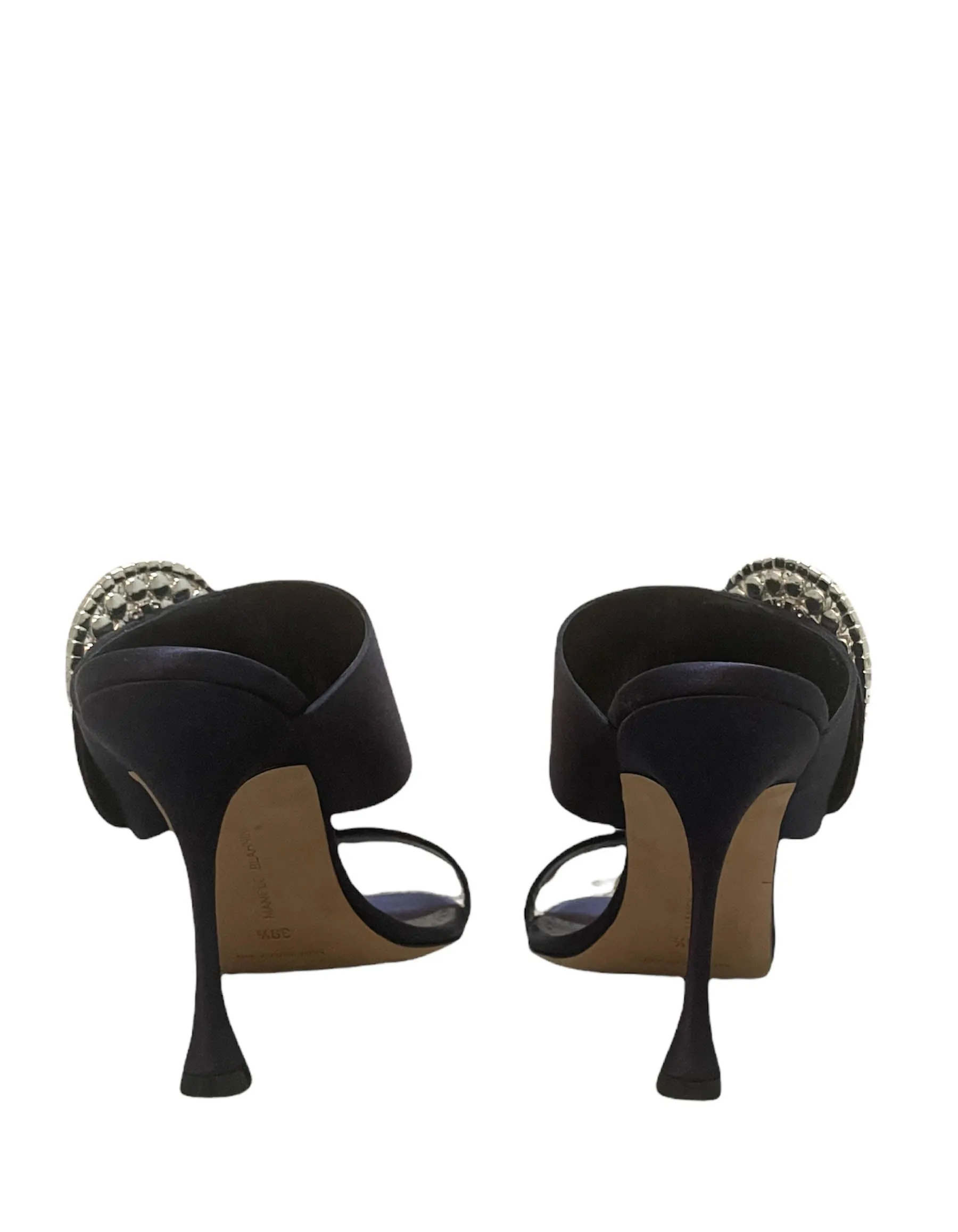 Manolo Blahnik Navy Satin Fibionabi Crystal Sandals sz 39.5