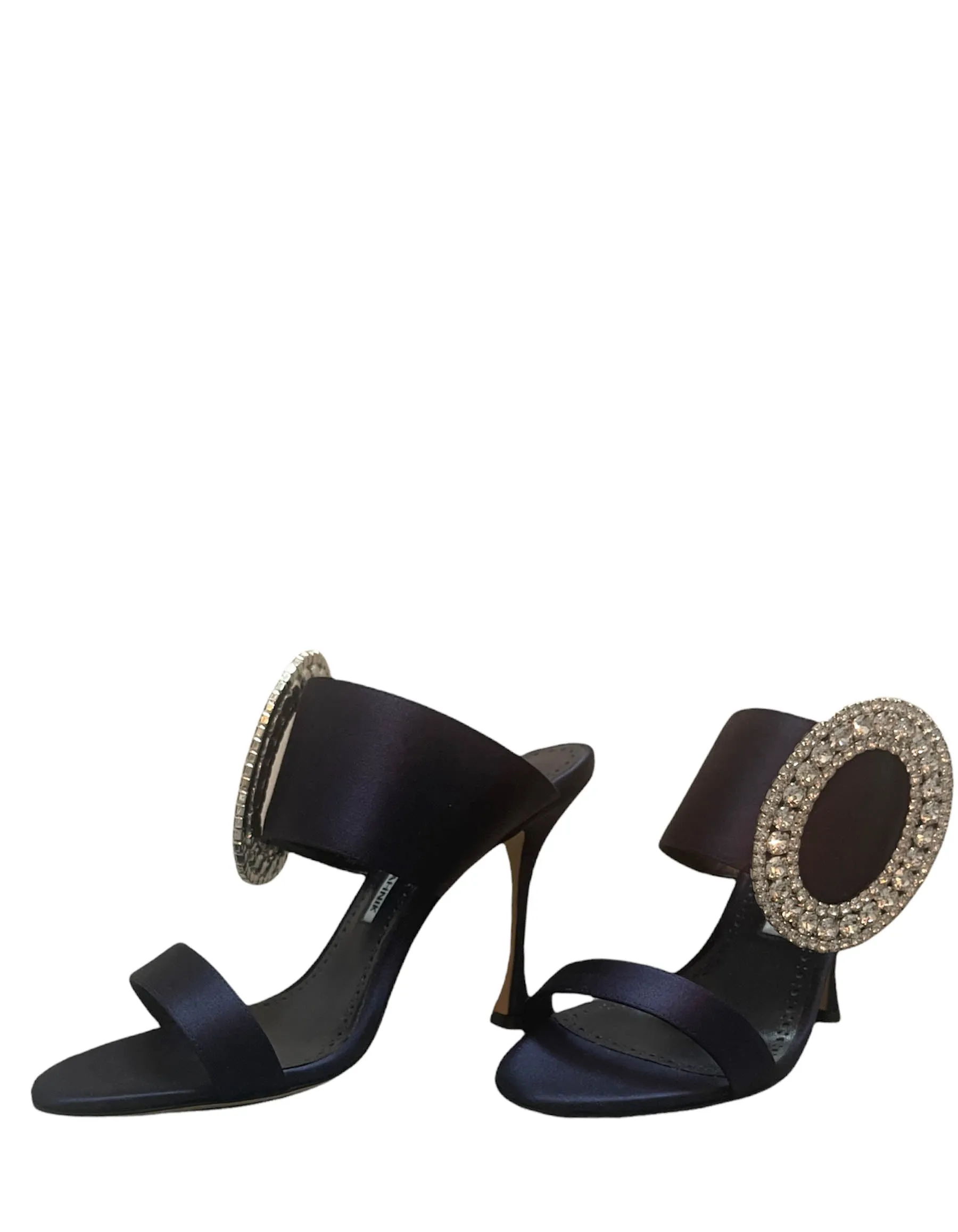 Manolo Blahnik Navy Satin Fibionabi Crystal Sandals sz 39.5