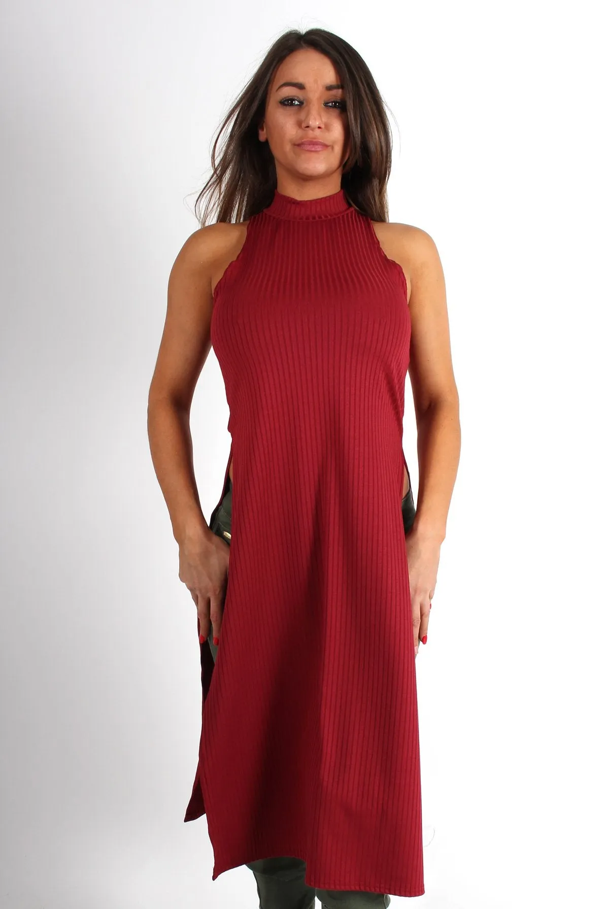 Mariah Ribbed Side Split Top Wine