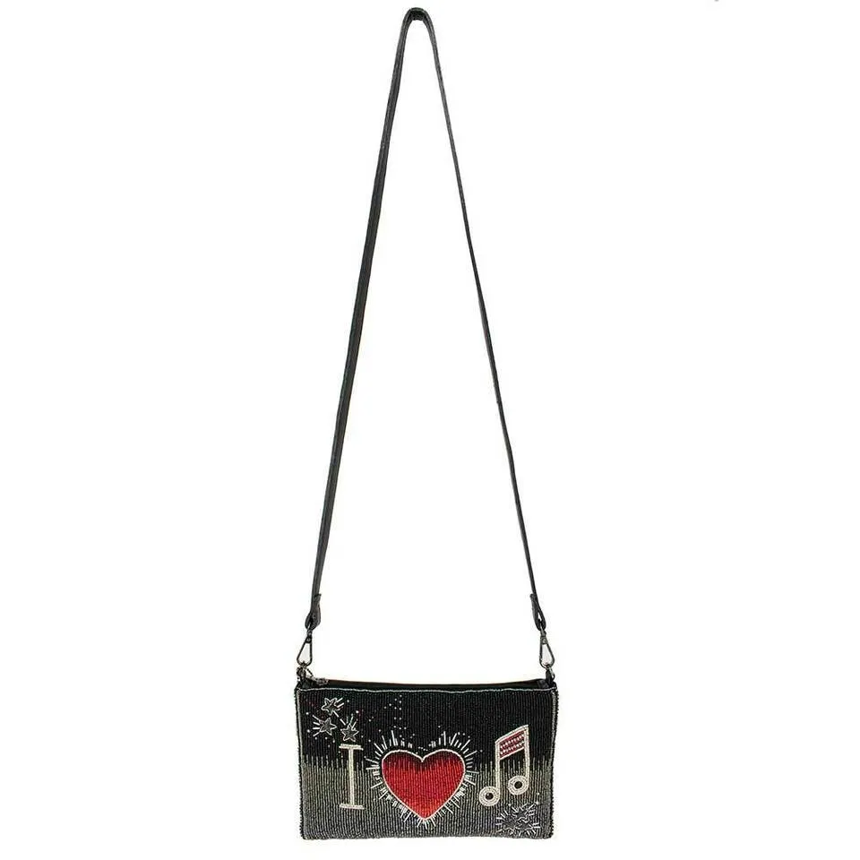 Mary Frances I Love Music Zip Heart Red Silver Black Crossbody Handbag Bag New