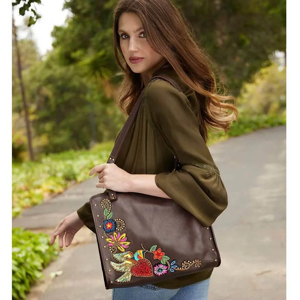 Mary Frances Mix It Up Brown Shoulder Leather Bag Handbag Bead Winter Floral NEW