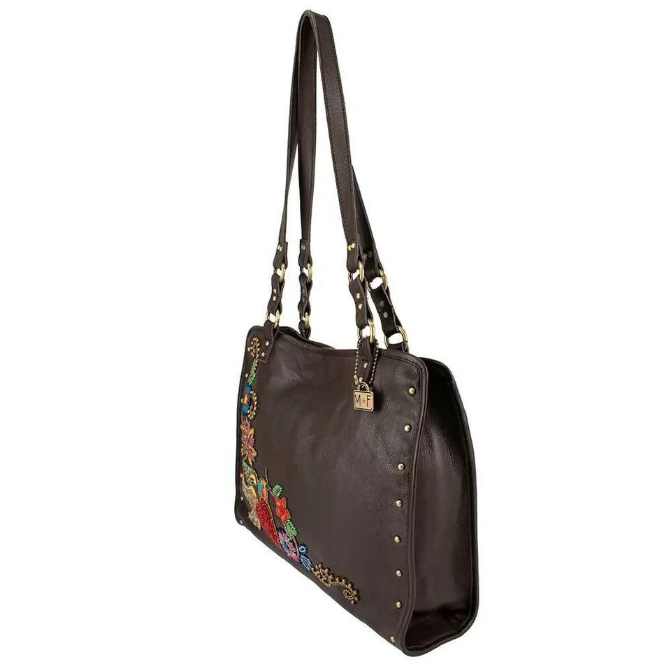 Mary Frances Mix It Up Brown Shoulder Leather Bag Handbag Bead Winter Floral NEW