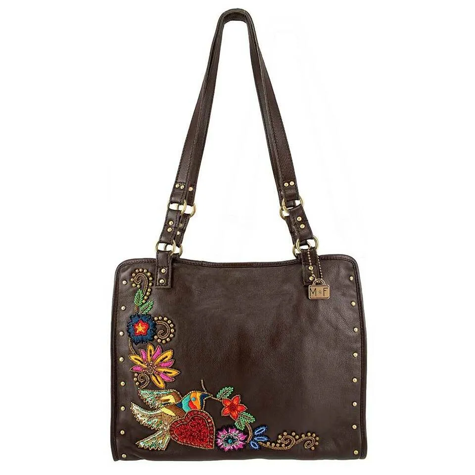 Mary Frances Mix It Up Brown Shoulder Leather Bag Handbag Bead Winter Floral NEW