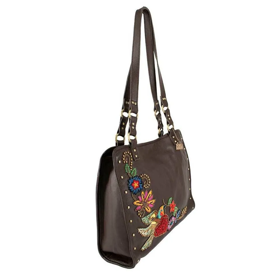 Mary Frances Mix It Up Brown Shoulder Leather Bag Handbag Bead Winter Floral NEW