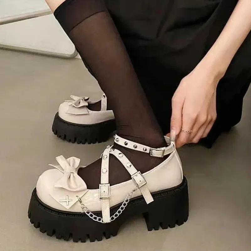 Mary Jane Shoes - Lolita Solid Color with Butterfly Knot, Thick Non-Slip Sole, Outdoor Fashion for Women, Spring Hot Sale