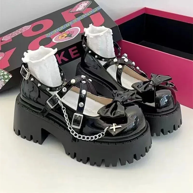 Mary Jane Shoes - Lolita Solid Color with Butterfly Knot, Thick Non-Slip Sole, Outdoor Fashion for Women, Spring Hot Sale