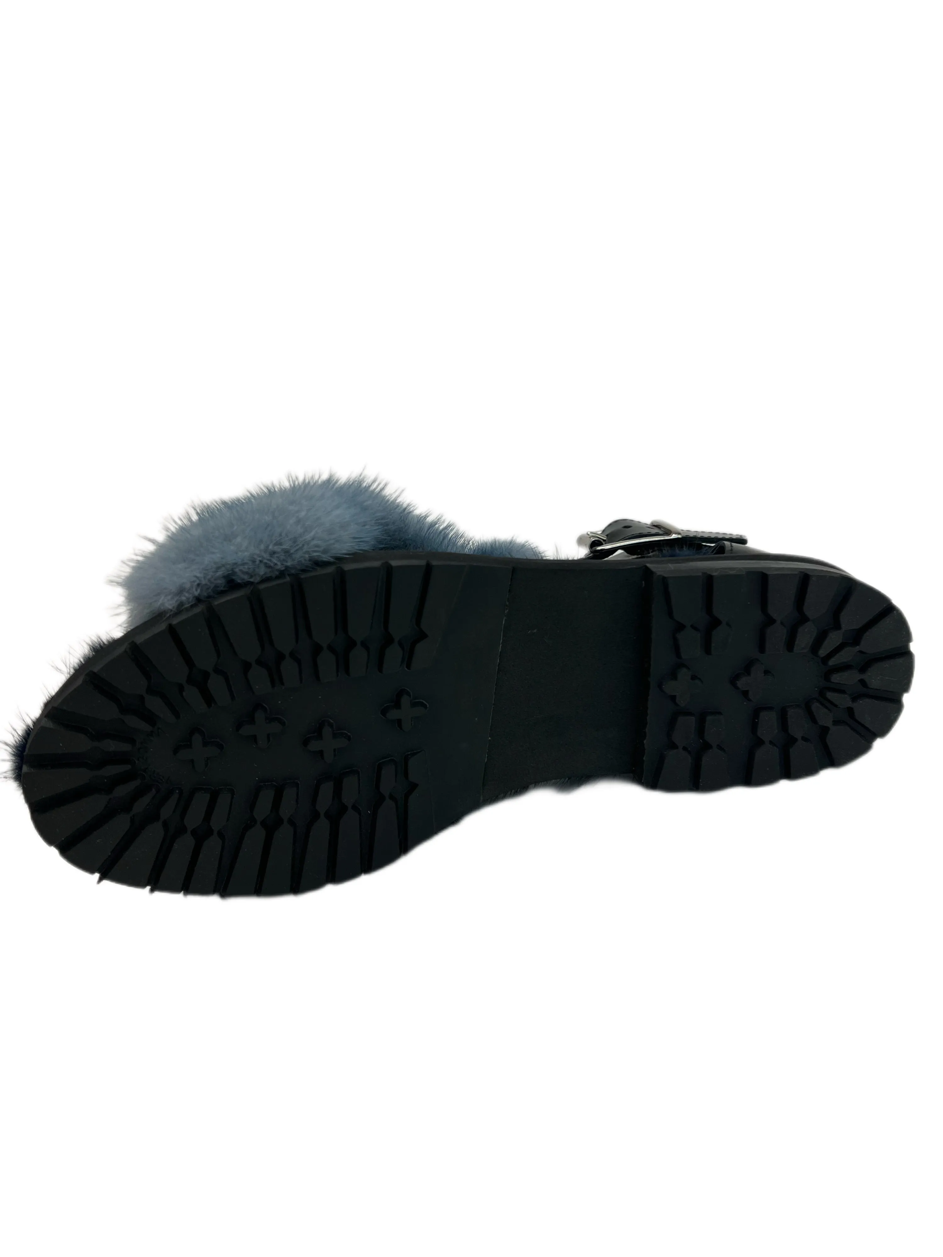Max Mara Women's Blu Minerale Dyser Ankle Strap Fur Sandals Size 7 NWB