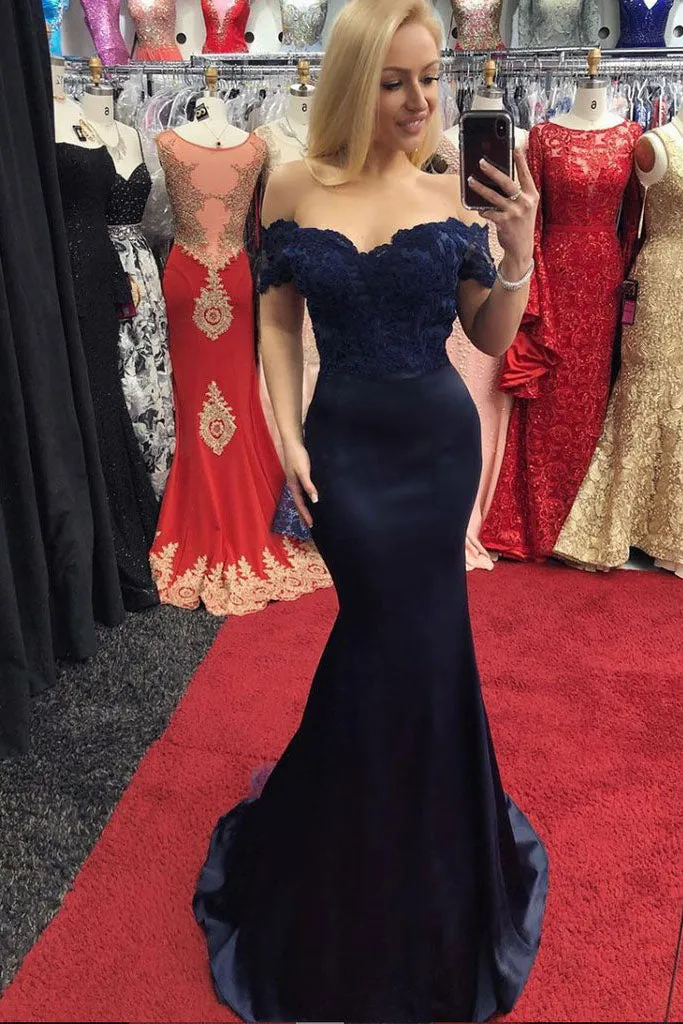 Mermaid Black Satin Off The Shoulder Short Sleeves Lace Long Satin Prom Dress OHC398