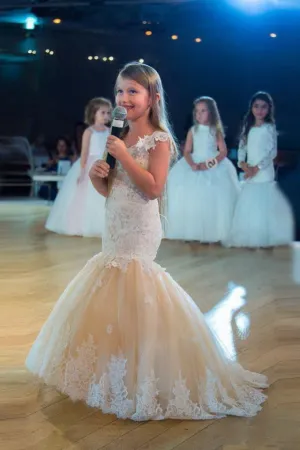 Mermaid Cap Sleeves Lace Appliques Tulle Flower Girl Dresses OHR008