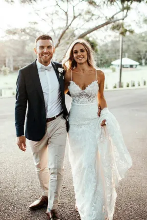 Mermaid Spaghetti Straps Sweep Train White Lace Wedding Dress OHD062