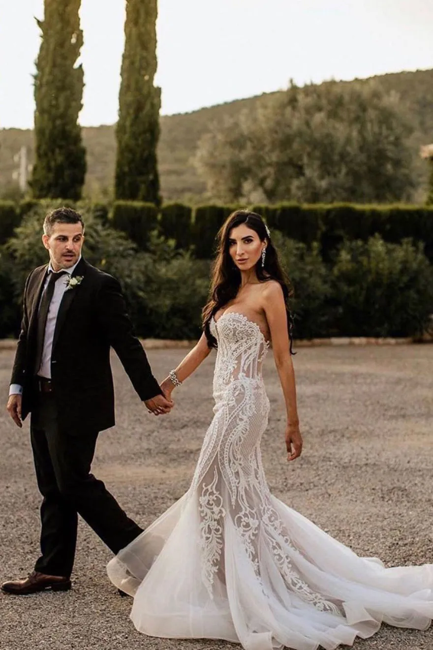 Mermaid Sweetheart Lace Appliques Bohemian Wedding Dress Wedding Gown Bridal Gown OHD206