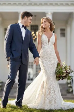 Mermaid V-Neck Backless White Bridal Gown Detachable Lace Wedding Dress OHD242