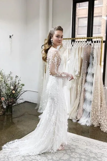 Mermaid V-Neck Long Sleeves Sweep Train Lace Bohemian Wedding Dress with Split OHD269