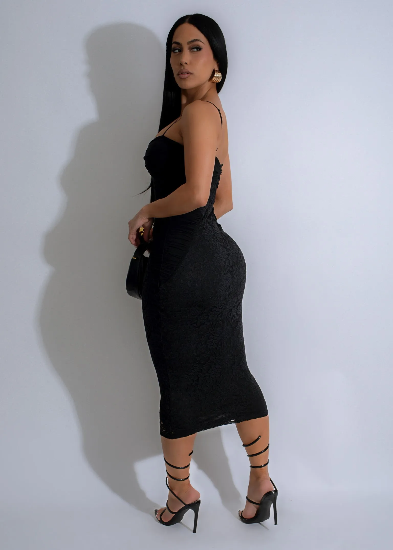 Midnight Lace Embrace Mesh Midi Dress Black