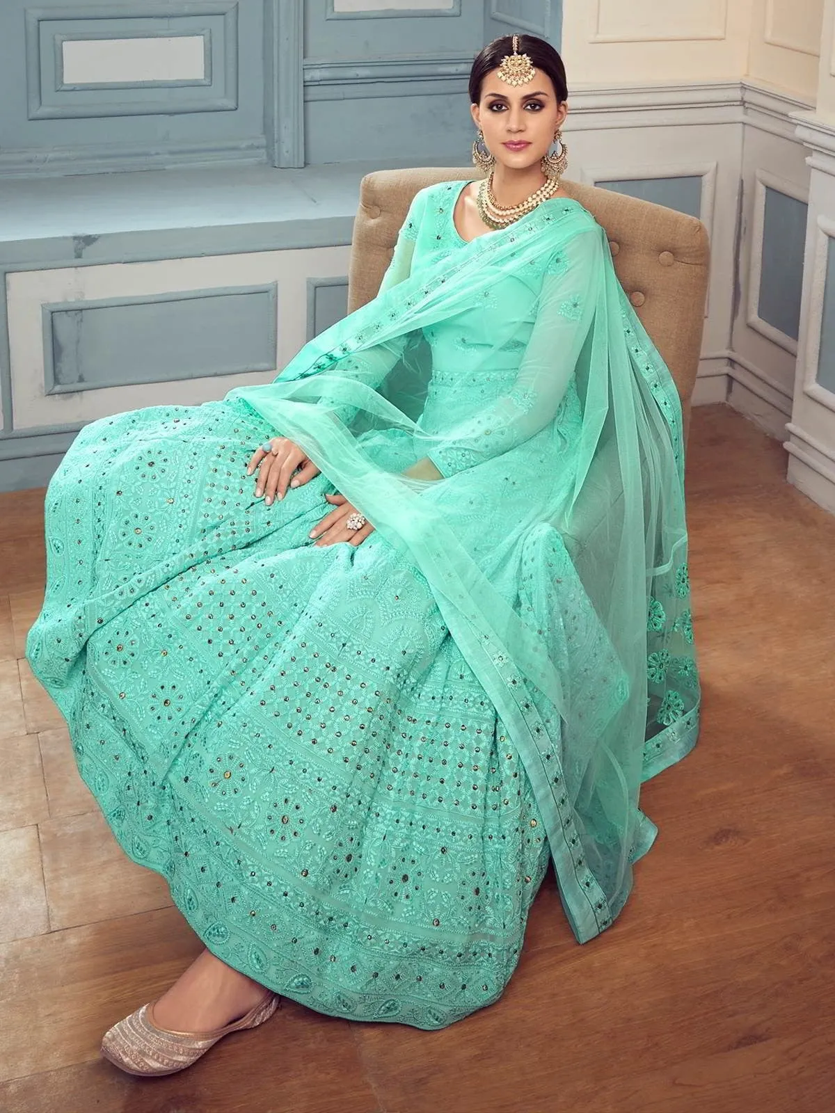 Mint Green Chikankari Embroidered Anarkali Suit