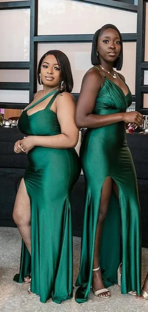 Mismatched Mermaid One Shoulder Side Slit V-neck Emerald Satin Long Bridesmaid Dresses Online , BG666