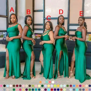 Mismatched Mermaid One Shoulder Side Slit V-neck Emerald Satin Long Bridesmaid Dresses Online , BG666