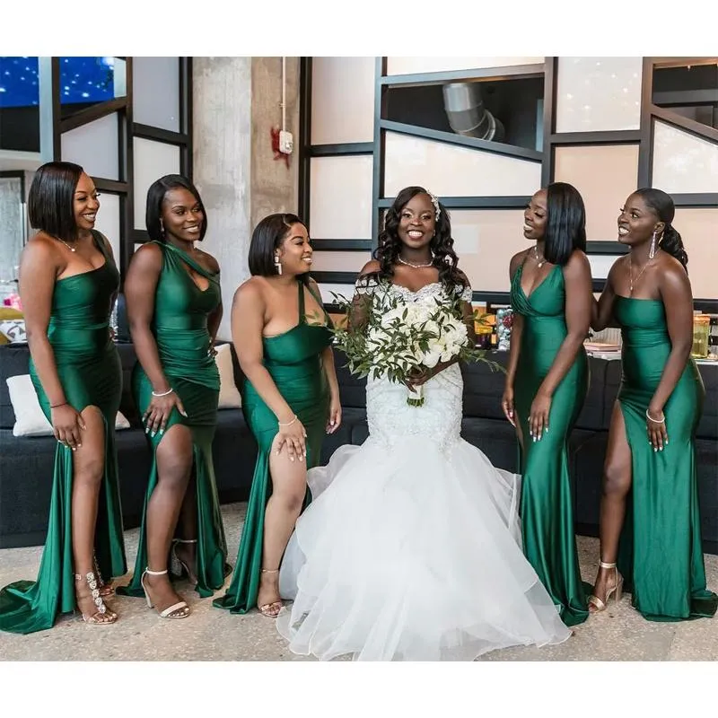 Mismatched Mermaid One Shoulder Side Slit V-neck Emerald Satin Long Bridesmaid Dresses Online , BG666