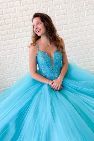 Modest Spaghetti Straps V-Neck Lace Appliques Sleeveless Long Tulle Prom Dresses Evening Dress OHC300