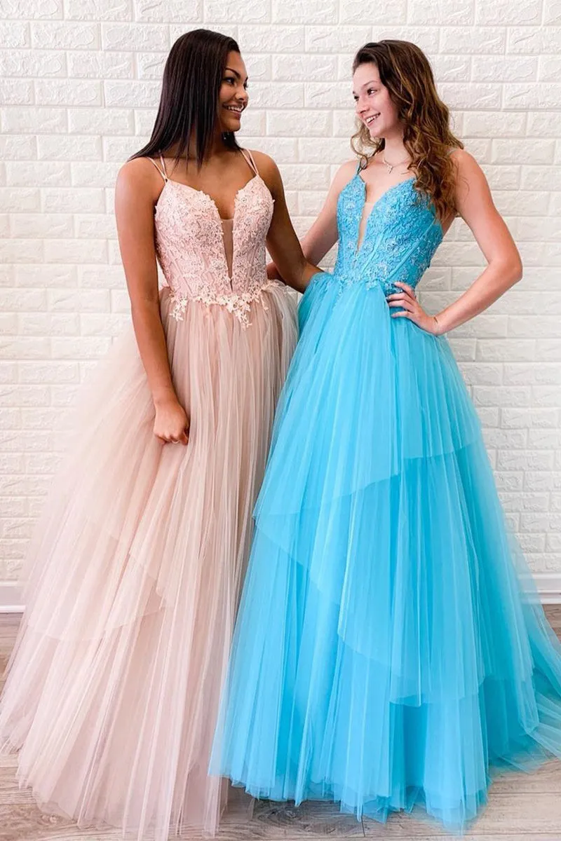Modest Spaghetti Straps V-Neck Lace Appliques Sleeveless Long Tulle Prom Dresses Evening Dress OHC300