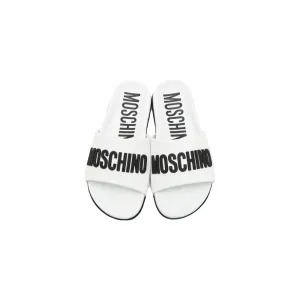 MOSCHINO COUTURE WHITE LEATHER LOGO SLIDES