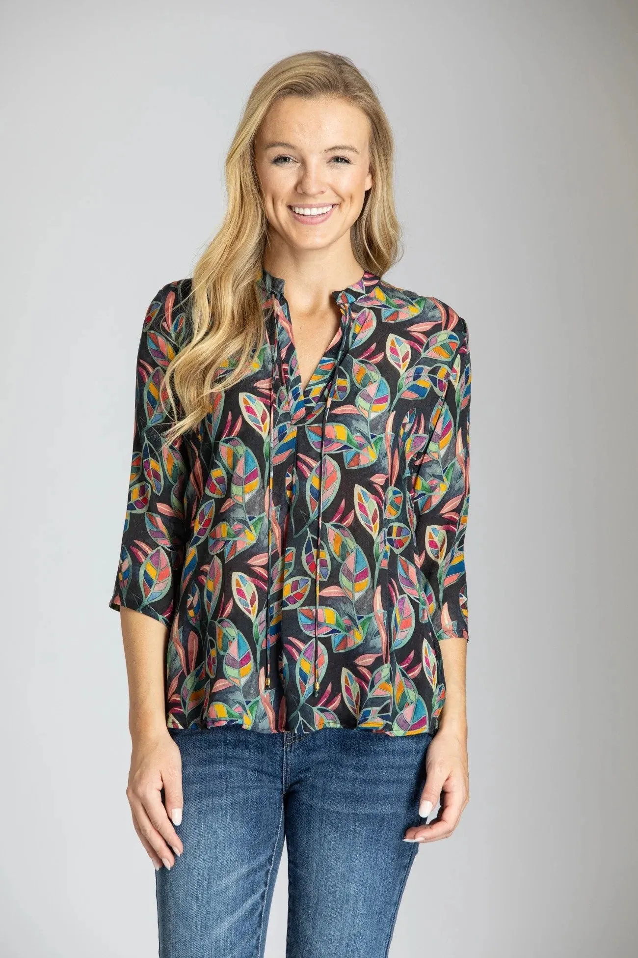Multicolor Abstract Leaf Print - V-neck With Tassel