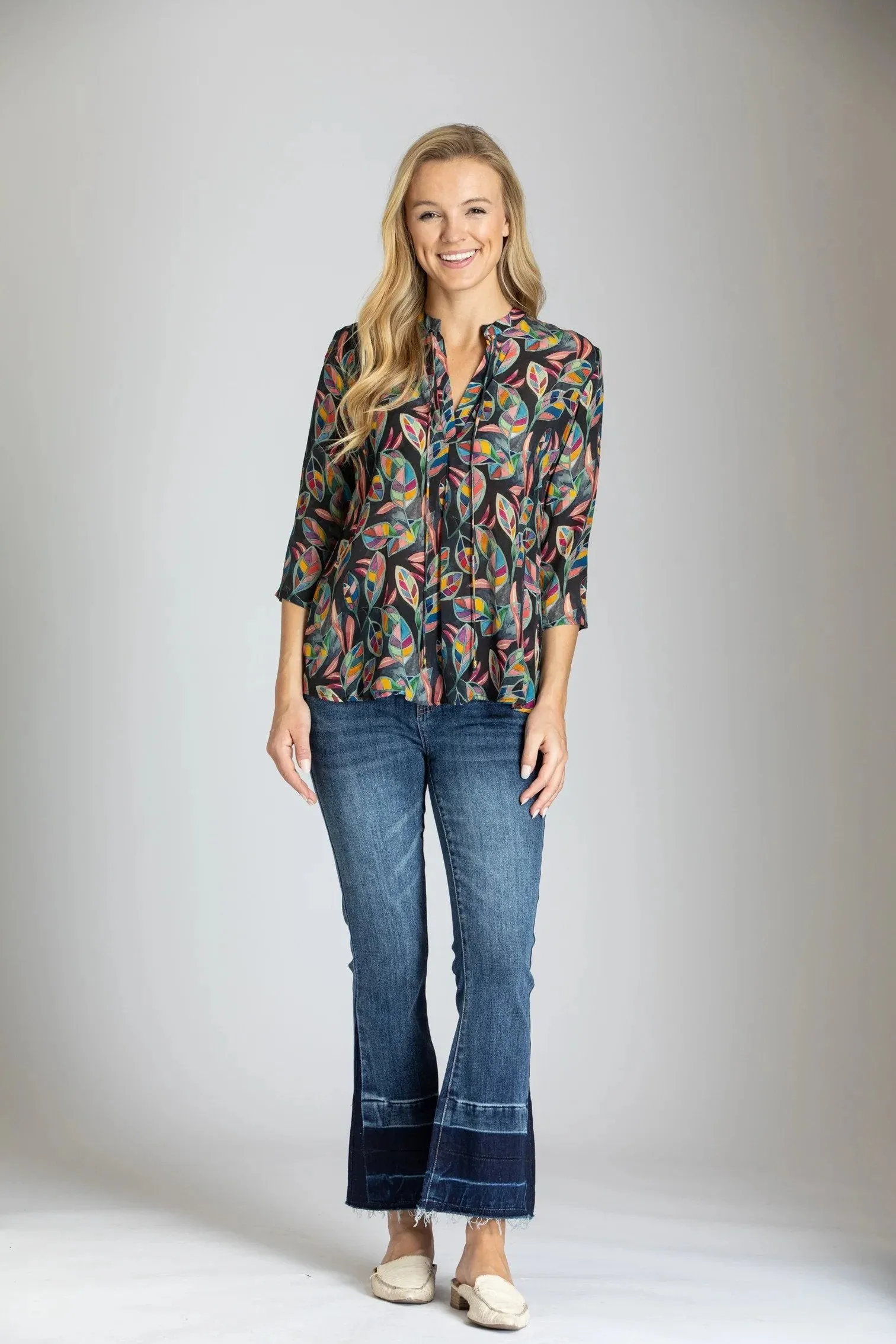 Multicolor Abstract Leaf Print - V-neck With Tassel