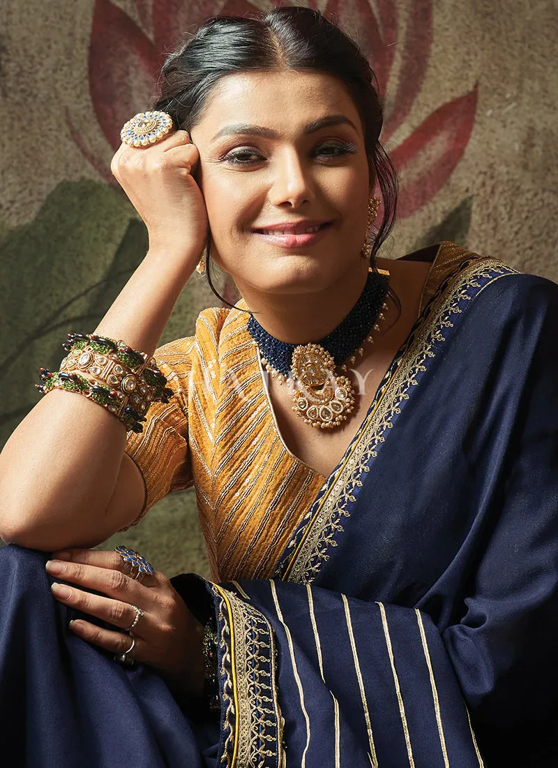 Navy Blue And Yellow Embroidery Traditional Crepe Silk Saree