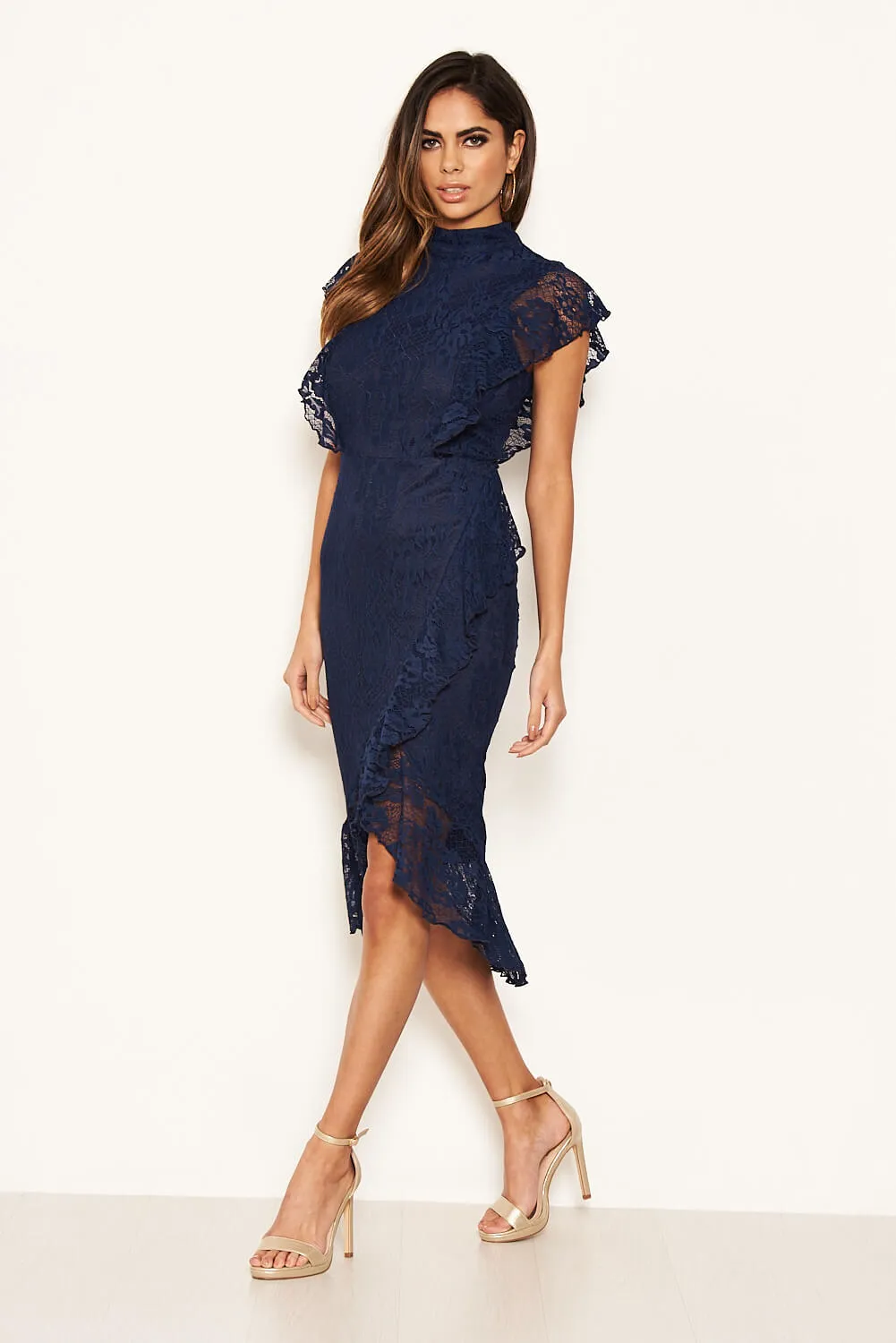 Navy Lace Fish Tail Frill Sleeve Midi Dress